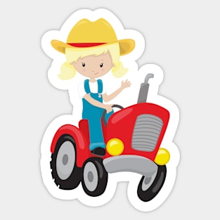 Farm Girl, Cute Girl, Blonde Hair, Farmer, Tractor Sticker